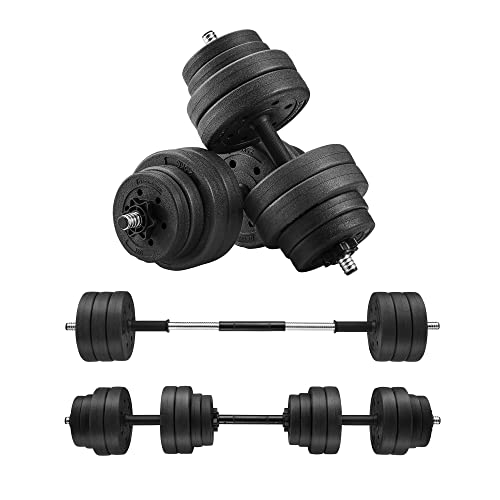 Set de gantere  2 in 1, 2 gantere ajustabile de 15 kg cu bara suplimentara pentru barbell, placi de greutate acoperite cu plastic, exercitii de fitness, sala de sport la domiciliu, negru SONGMICS