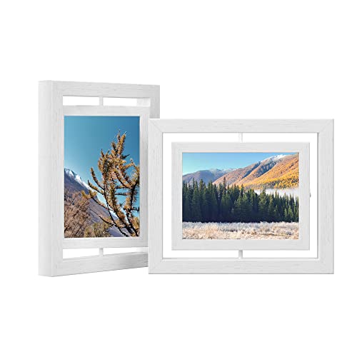 Set de 2 Rame Foto Rotative pentru Poze de 13 x 18 cm (5 x 7 inch) cu 2 Panouri de Sticla pentru Asezare in Picioare sau Agatare MDF Alb SONGMICS