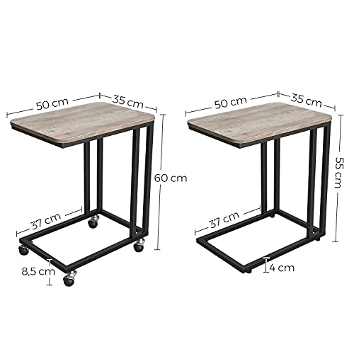 Masa Laterala, Masa de Cafea, cu Rama Metalica si Roti, Asamblare Usoara, Stil Industrial, pentru Camera de Zi, Dormitor, Balcon, Culoare Grej si Negru, VASAGLE