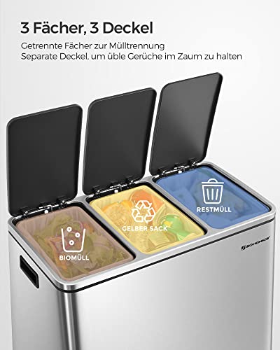 Cos de Gunoi , 3 x 18 L Triple Kitchen Bin, Cos Pedal cu 3 Compartimente si Capac inchidere usoara, Galeti Interioare din Plastic si Manere, Argintiu si Negru SONGMICS