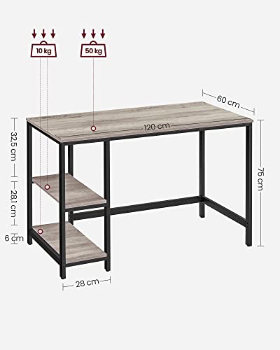 Birou calculator, cu 2 rafturi pe stanga sau dreapta, cadru de otel, design industrial, gri - negru, 120 x 60 x 75 cm, Vasagle