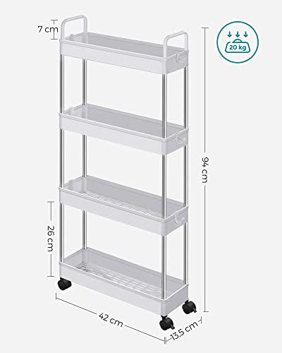 Troler de Stocare , Troler ingust, Troler de Stocare pentru Bucatarie cu 4 Polite, Troler ingust pentru Baie cu Roti si Manere, 40 x 13 x 93 cm, Alb SONGMICS