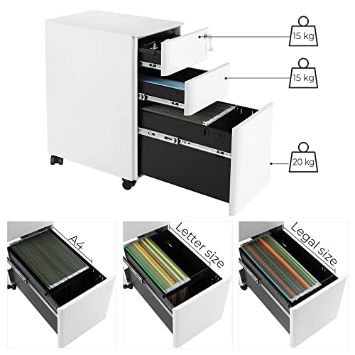 Cabinet de Fisiere Mobil , Cabinet de Birou cu Roti si inchidere, pentru Documente de Tip A4, Legal, si Scrisori, cu Suporturi pentru Fisiere Suspendate, Alb, 30x46x59.2cm, SONGMICS