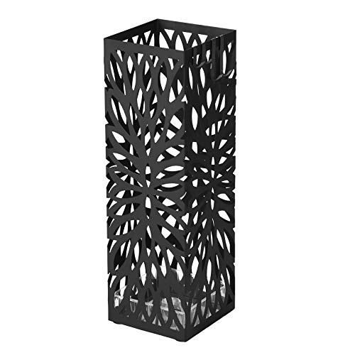 Suport pentru Umbrele Metalic, Suport Modern pentru Umbrele Patrat, 15.5 x 15.5 x 49 cm, cu 4 Carlige si Tava de Colectare Detasabila, pentru Hol, Birou, Negru SONGMICS