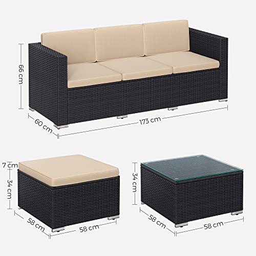 Set de Mobilier pentru Balcon  , Mobilier de Gradina din PE Poliratan, Set de Lounge cu Perne si Masa cu Blat de Sticla, Mobilier de Curte cu Canapea Coltar pentru Balcon si Curte, Negru Bej SONGMICS