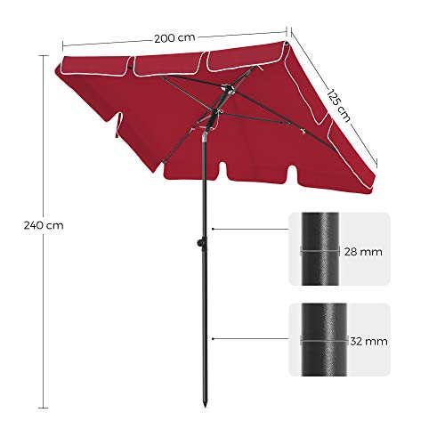 Umbrela Balcon Dreptunghiulara de 2 x 1,25 m, Protectie UPF 50+, Parasolar inclinabil, Cu Panza Acoperita cu PA, Geanta de Transport, Gradina Terasa, Baza nu este Inclusa, Rosu SONGMICS