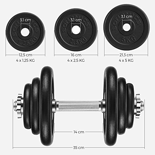 Set de 2 gantere din fonta , 2 x 20 kg placi de greutate, reglabile pentru barbati si femei, antrenament de fitness, ridicarea greutatilor, sala de sport la domiciliu, negre SONGMICS