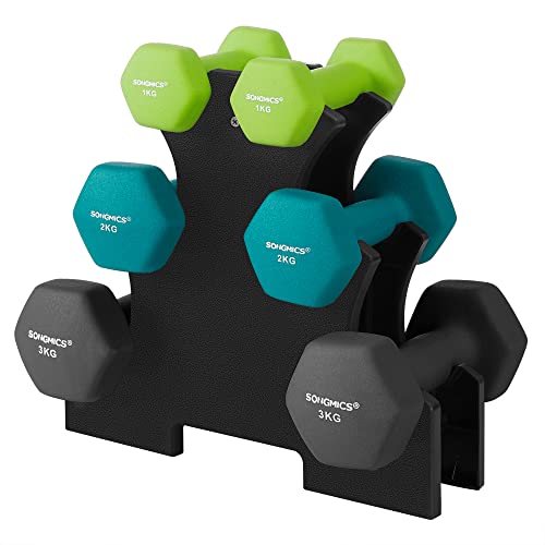 Set de gantere hexagonale  cu suport - 2 x 1 kg, 2 x 2 kg, 2 x 3 kg, finisaj mat din neopren, gantere de mana pentru exercitii acasa, lime, teal si gri inchis SONGMICS