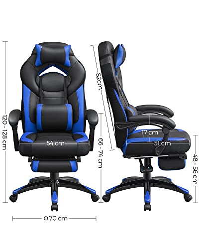 Scaun de Gaming, Scaun de Birou de Racing cu Suport pentru Picioare, Design Ergonomic, Suport Reglabil pentru Cap, Suport Lombar, Capacitate de incarcare 150 kg, Negru si Albastru SONGMICS