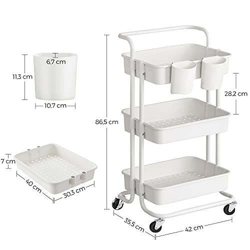 Tava Servire Cu 3 Nivele, Tava Bucatarie Cu Manere, 2 Compartimente Mici Atarnate, 2 Frane, Compartimente de Stocare din Plastic, Asamblare Usoara, Dormitor, Camera de Spalat, Alb SONGMICS