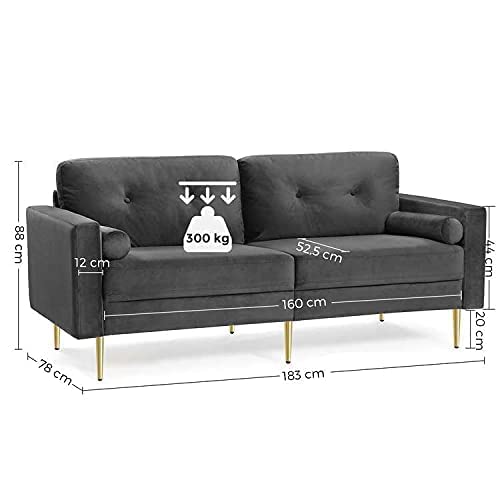 Canapea cu 3 Locuri, Patura din Catifea pentru Camera de Zi Mici, Structura din Lemn, Picioare din Metal, Asamblare Usoara, Design Modern, 190 x 82 x 84 cm, Gri, VASAGLE