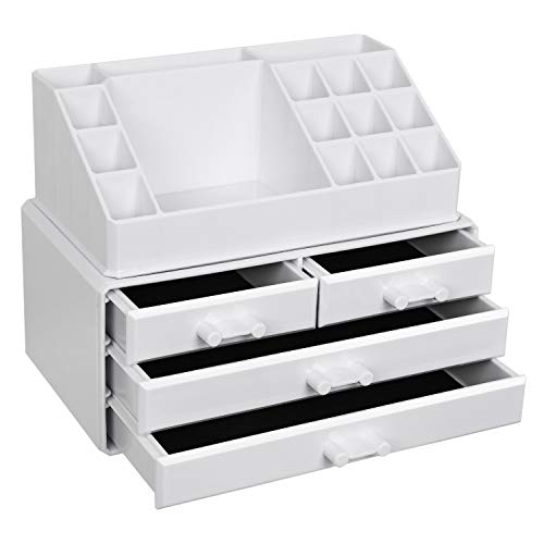 Organizator Cosmetice, Suport de Depozitare pentru Machiaj cu 4 Sertare si 16 Compartimente de Dimensiuni Diferite, Pernite Antiderapante, pentru Machiaj si Accesorii de Bijuterii, Alb SONGMICS