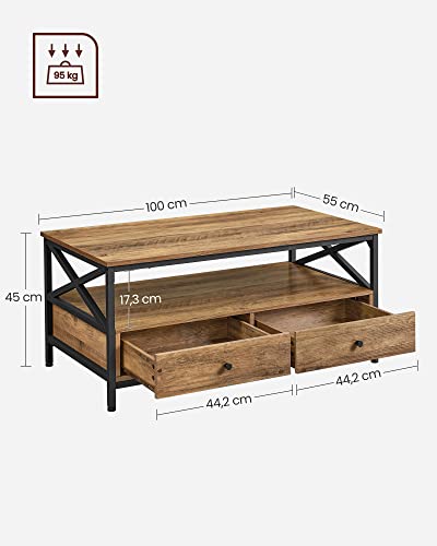 Masa de cafea, Masa pentru living, cu sertare, Bare in forma de X, Compartiment deschis, Design industrial, Maro Nuc/Negru, VASAGLE