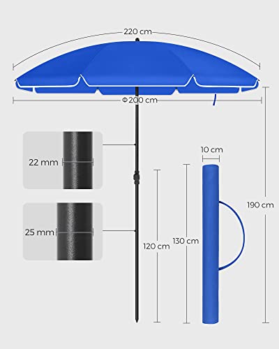 Umbrela de Plaja 2 m, Umbrela de Soare, Protectie Solara cu UPF 50+, Canopie Octogonala din Poliester Portabila, Spiroizi din Fiberglass, Mecanism de inclinare, Geanta de Transport, pentru Plaja, Gradina, Balcon, Piscina, Albastru SONGMICS