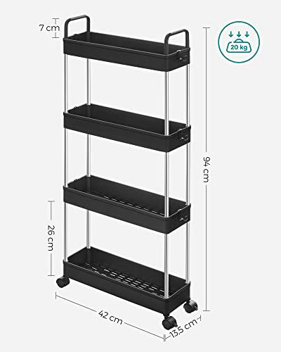 Troler de Stocare , Troler ingust, Troler de Stocare pentru Bucatarie cu 4 Polite, Troler ingust pentru Baie cu Roti si Manere, 40 x 13 x 93 cm, Negru SONGMICS