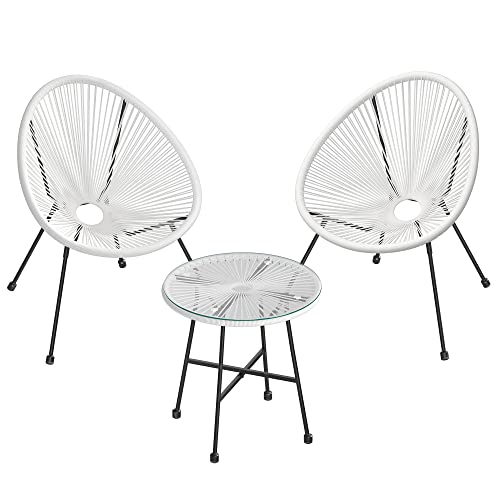 Set de Mobilier pentru Gradina , 3 Piese, Scaun Acapulco, Sezlong pentru Exterior, Masa cu Blat de Sticla si 2 Scaune, Set de Conversatie Interior si Exterior, Alb SONGMICS