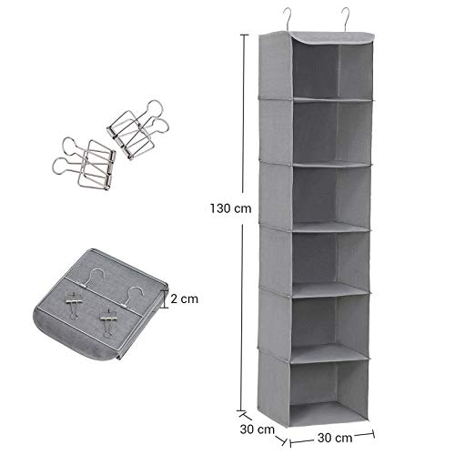 Organizator de depozitare suspendat cu 6 rafturi pentru garderoba + 2 cleme, Gri 30 x 30 x 130 cm (L x l x i) SONGMICS