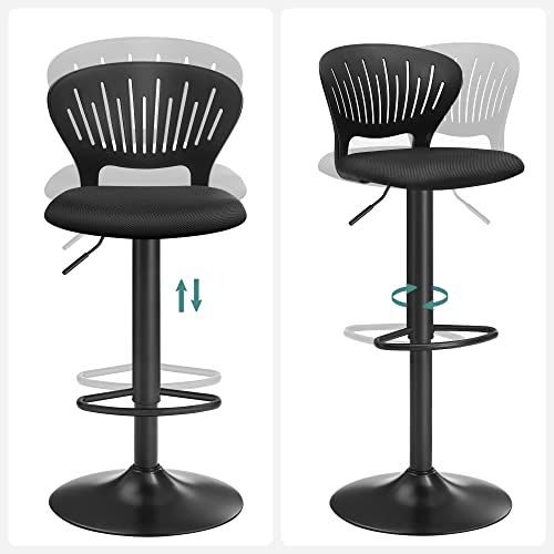 Scaune de Bar cu inaltime Reglabila, cu Spatar in forma de Coroana, Rotative la 360°, Scaun imbracat Confortabil, pentru Bucatarie si Bar, Set de 2 bucati, Negru. SONGMICS