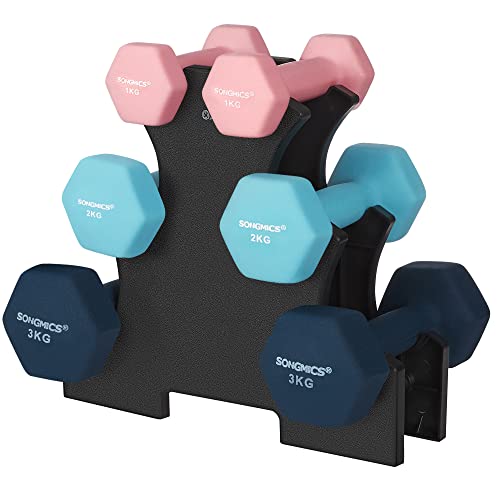 Set de gantere hexagonale  cu suport - 2 x 1 kg, 2 x 2 kg, 2 x 3 kg, finisaj mat din neopren, gantere de mana pentru exercitii acasa, roz, aqua si albastru SONGMICS