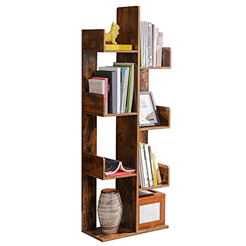 Biblioteca in forma de copac, Biblioteca cu 8 compartimente de depozitare, 50 x 25 x 140 cm, cu colturi rotunjite, Maro rustic, VASAGLE