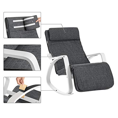 Scaun de lemn de mesteacan, Scaun de relaxare, Suport pentru picioare reglabil in 5 niveluri, Husa din material textil sintetic, Greutate maxima suportata 150 kg, Potrivit pentru living si dormitor, Culoare Gri inchis . SONGMICS