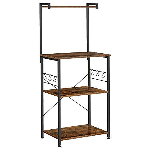 Rack de Bucatarie  cu 3 Polite, Rack de Bucatarie cu 6 Carlige in Forma de S, Design Industrial, Polita pentru Cuptorul cu Microunde, Ustensile de Gatit, Condimente, Oale si Tigai, Maro Vintage-Negru, VASAGLE