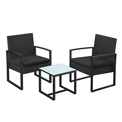 Set de Mobilier pentru Balcon  , Mobilier de Gradina din PE Poliratan, Set de Lounge cu Masa si 2 Scaune, Mobilier de Curte pentru Montaj Usor pentru Balcon si Curte, Negru SONGMICS