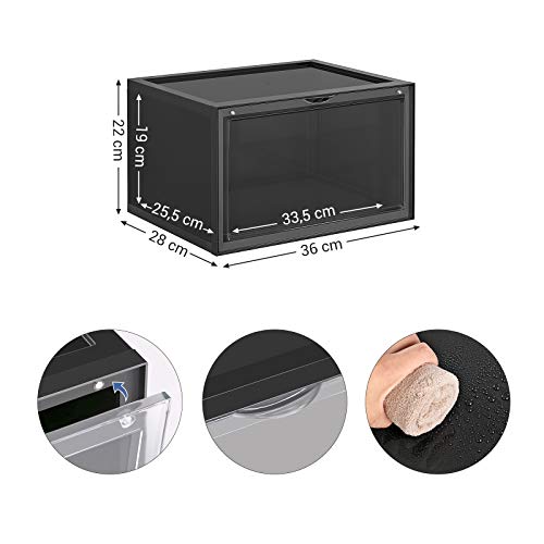 Cutii pentru Pantofi, Set de 6 Organizatoare pentru Pantofi Suprapunere cu Usa Transparenta, Stocare pentru Pantofi din Plastic, Potrivite pentru Marimea 45 UK, 36 x 28 x 22 cm, Negre SONGMICS