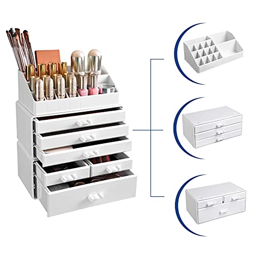 Organizator Mare din Acrilic pentru Machiaj, Cutie pentru Cosmetice cu 6 Sertare, pentru Palete, Pensule, Fond de Ten, Rujuri, Oje, Agrafe de Par, Cadou Minunat pentru Cei Dragi, Alb SONGMICS