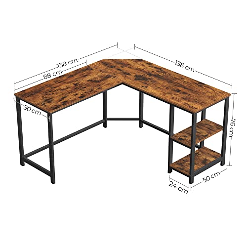 Birou calculator pe colt, in forma de L, cu 2 rafturi, cadru metalic, usor de asamblat, industrial, maro si negru, 138 x 138 x 76 cm, Vasagle