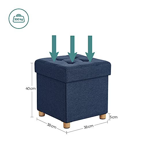 Ottoman de depozitare, Puf pliabil cu capac, Picioare din lemn masiv, Economisire de spatiu, Suporta pana la 300 kg, Albastru marin SONGMICS