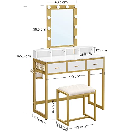 Masa de toaleta  cu scaun, masa de toaleta cu 10 becuri LED, oglinda cu luminozitate reglabila, design modern, alb-auriu, VASAGLE