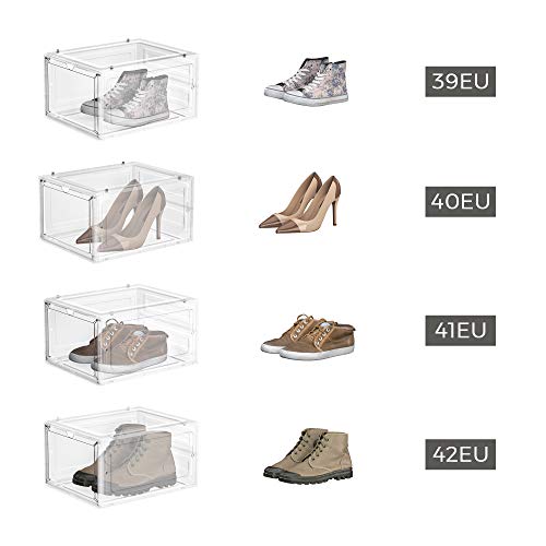 Cutii pentru Pantofi, Organizatoare de Stocare pentru Pantofi din Plastic cu Usi Transparente, Set de 6, Suprapunere, Asamblare Usoara, 27 x 34.5 x 19 cm, Potrivite pentru Marimea 45 UK, Albe SONGMICS