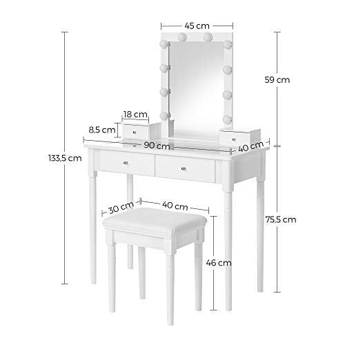 Set Masa de Toaleta, Masa de Toaleta cu 10 Becuri Reglabile, 2 Sertare Mari si 2 Sertare Mici, Blat de Masa din Sticla Transparenta, Idee Cadou, Alba, VASAGLE