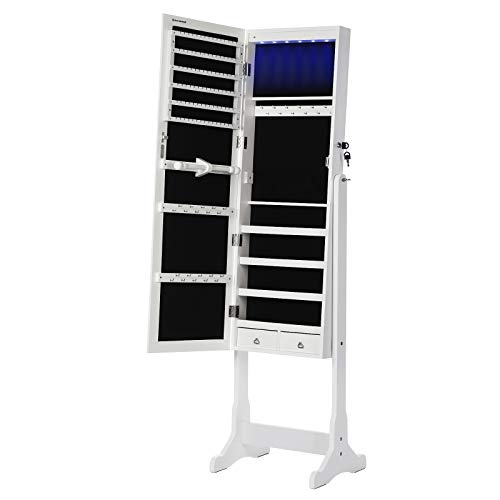 Dulap pentru Bijuterii  cu Iluminare LED, Armoire cu Oglinzi de Lungime Integrala pentru Bijuterii, Organizator de Bijuterii cu inchidere si 2 Sertare, Solid si Elegant, Cadou Ideal, Alb SONGMICS