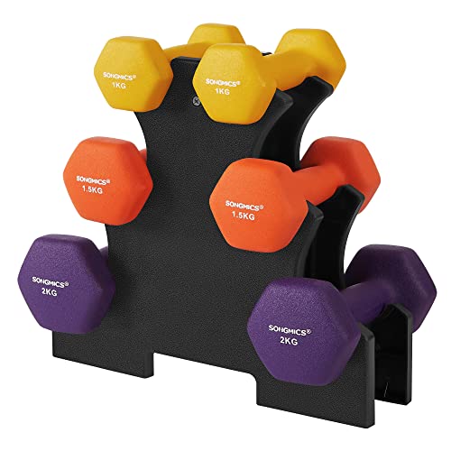 Set de gantere hexagonale  cu suport, 2 x 1 kg, 2 x 1,5 kg, 2 x 2 kg, gantere cu finisaj mat din neopren pentru exercitii acasa, galben, portocaliu si mov SONGMICS