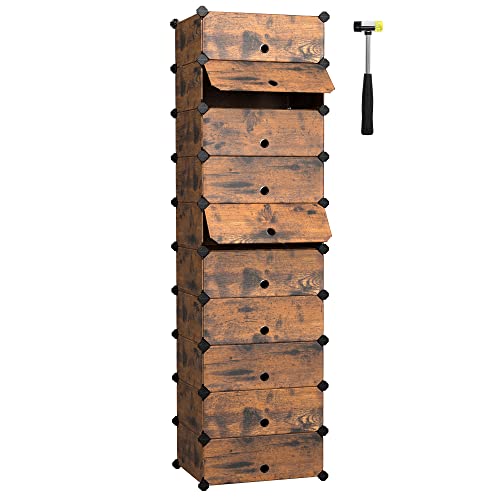 Raft pentru Pantofi cu imbinare, Organizator de Depozitare Rectangular, Unitate de Rafturi Modulare DIY cu 10 Compartimente, 40 x 30 x 17 cm pentru Fiecare Compartiment, Dulap din Plastic cu Usi, Maro Rustic SONGMICS