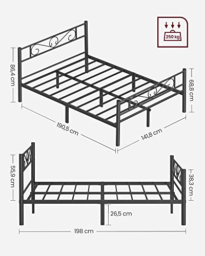 Rama Pat Metalic  pentru Pat Dublu, Se Potriveste cu Saltea de 140 x 190 cm, pentru Adulti, Copii, Fara Necesitate de Somiera, Asamblare Simpla, pentru Spatii Mici, Negru, VASAGLE