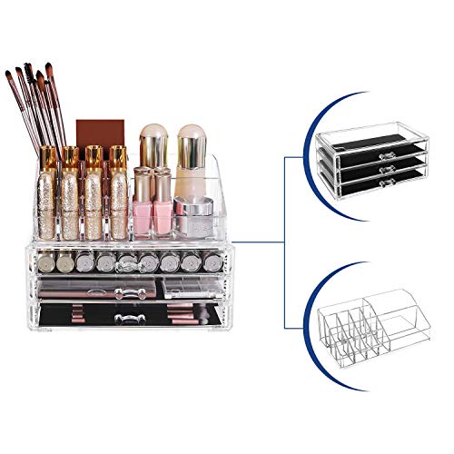 Organizator de Machiaj, Set de 2 Cutii pentru Machiaj, Organizator Cosmetice cu 3 Sertare si 15 Compartimente Variate, pentru Rujuri, Pensule, Transparent SONGMICS