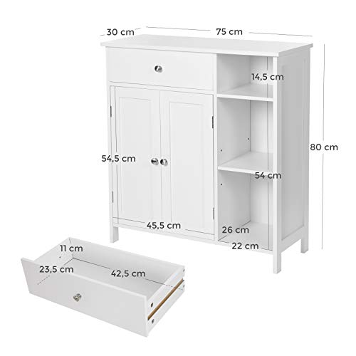 Cabinet pentru Baie, Unitate Organizatoare de Depozitare, Dulap cu Sertar, 3 Compartimente Deschise, Rafturi Reglabile, 2 Usi, 75 x 30 x 80 cm, Stil Nordic Scandinavian, Alb Mat ., VASAGLE