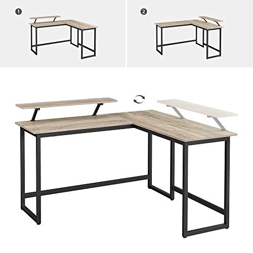 Birou calculator pe colt, in forma de L, cu suport pentru monitor, cadru metalic, usor de asamblat, industrial, gri si negru, 130 x 140 x 76 cm, Vasagle