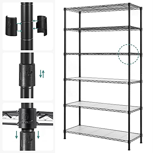 Raft de bucatarie cu 6 nivele, Raft din metal, Raft de podea, Raft de inaltime reglabila, cu placi din PP, 8 carlige S, pentru bucatarie, camera de zi, economisire de spatiu, Negru SONGMICS