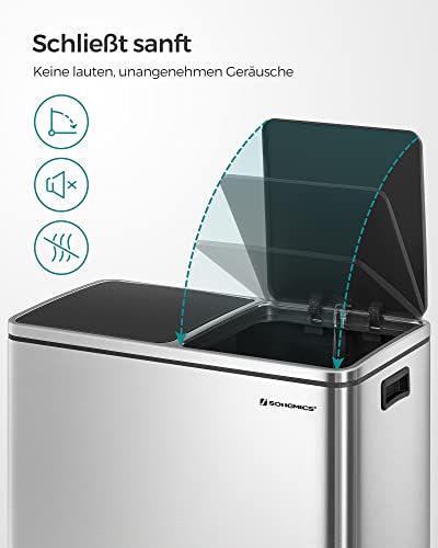 Cos Dublu de Gunoi, 2 x 30 L, Cos de Gunoi de Bucatarie cu 15 Saci de Gunoi, Cos de Gunoi de Bucatarie cu Pedala din Metal cu Galeti Interioare din Plastic si Capace, inchidere Usoara, Siguranta la Miros, Argintiu si Negru SONGMICS