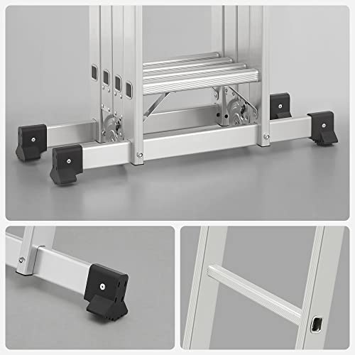 Scara de 3.5 metri, Scara multifunctionala din aluminiu cu 2 placi metalice si 12 trepte, Articulata, Suporta pana la 150 kg, Argintie, SONGMICS