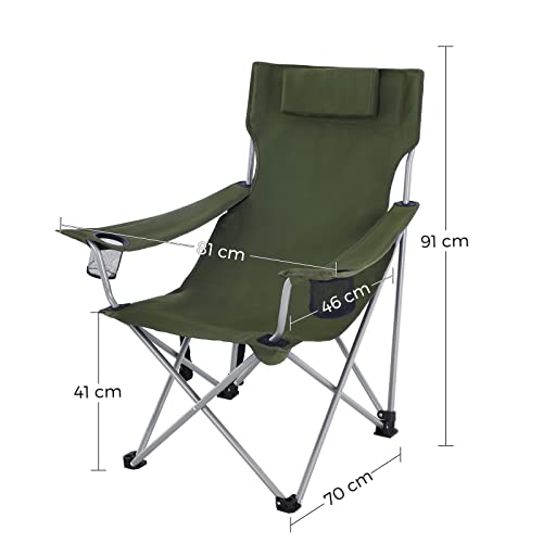 Scaun pliabil pentru camping, Scaun de exterior cu suport pentru brate, tetiera si suport pentru pahar, Structura stabila, Capacitate maxima de 150 kg, Verde SONGMICS