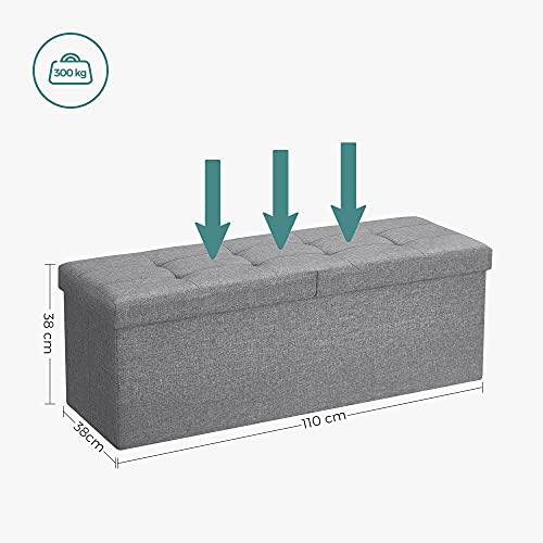 Banca-otoman pliabila de 120L, Cutie de depozitare, Cu capac rabatabil, Banca pentru pantofi, 110 x 38 x 38 cm, Capacitate de incarcare de 300 kg, Gri deschis SONGMICS