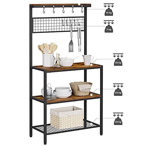 Rack de Bucatar Industrial , Unitate de Bucatarie cu Polite de Depozitare, 10 Carlige si Polita cu Plasa Metalica, Polita pentru Cuptorul cu Microunde si Ustensile, 84 x 40 x 170 cm, Maro Rustic, VASAGLE