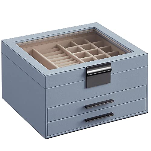 Cutie pentru Bijuterii  cu Capac de Sticla, Organizator de Bijuterii cu 3 Straturi si 2 Sertare, Stocare pentru Bijuterii, Spatiu Generos de Stocare, Stil Modern, Cadou pentru Cei Dragi, Albastru Smokey SONGMICS