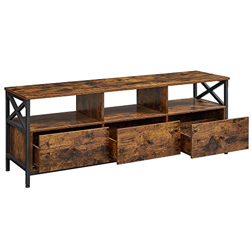 Stand TV, Masuta TV pentru Televizoare de pana la 65 de Inch, cu 3 Sertare si 3 Rafturi Deschise, 40 x 147 x 50 cm, pentru Camera de Zi, Dormitor, Cadru din Otel, Maro Rustic si Negru, VASAGLE