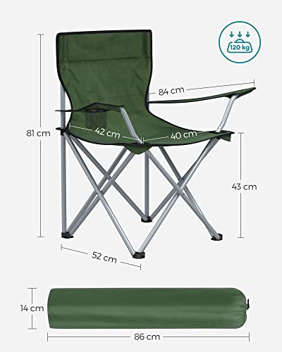 Scaune pliante pentru camping, set de 2 scaune de exterior, cu brate, suport pentru pahar, portabile, capacitate de incarcare de 120 kg, pentru camping, gradina, pescuit, plaja, balcon, verde militar SONGMICS